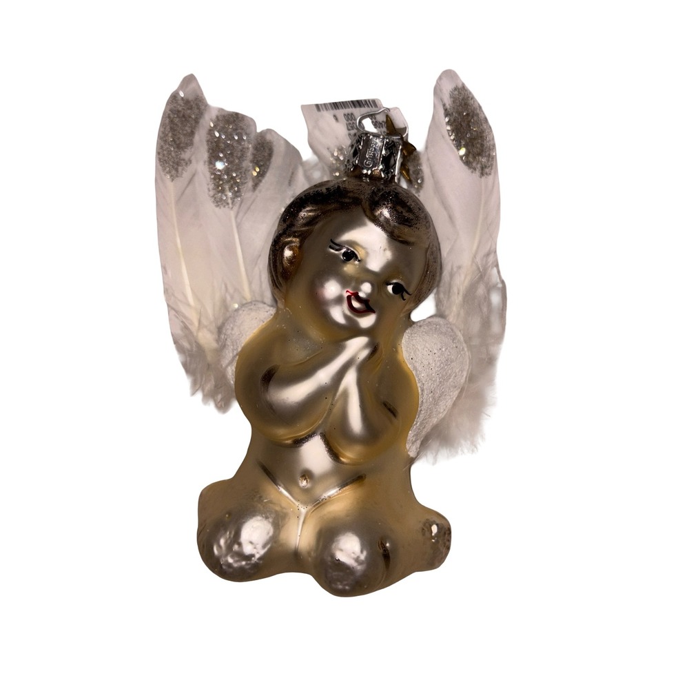Neiman Marcus Glass Cherub Angel Ornament White Feather Wings Silver Glitter